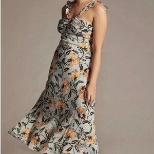 Anthropologie-Halter Strappy Sundress-Gray with Mustard Floral Print, Size 24W